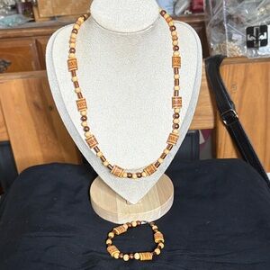 Wooden Beaded Necklace and Bracelet Set